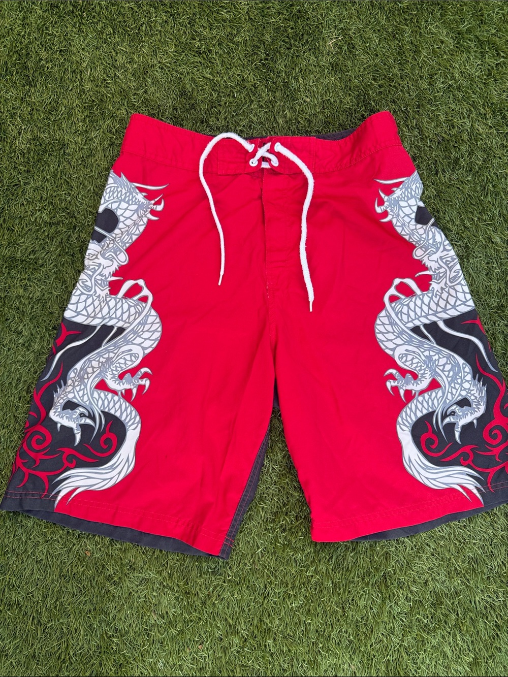Men's Red Dragon Print Board Shorts with Drawstring Waist